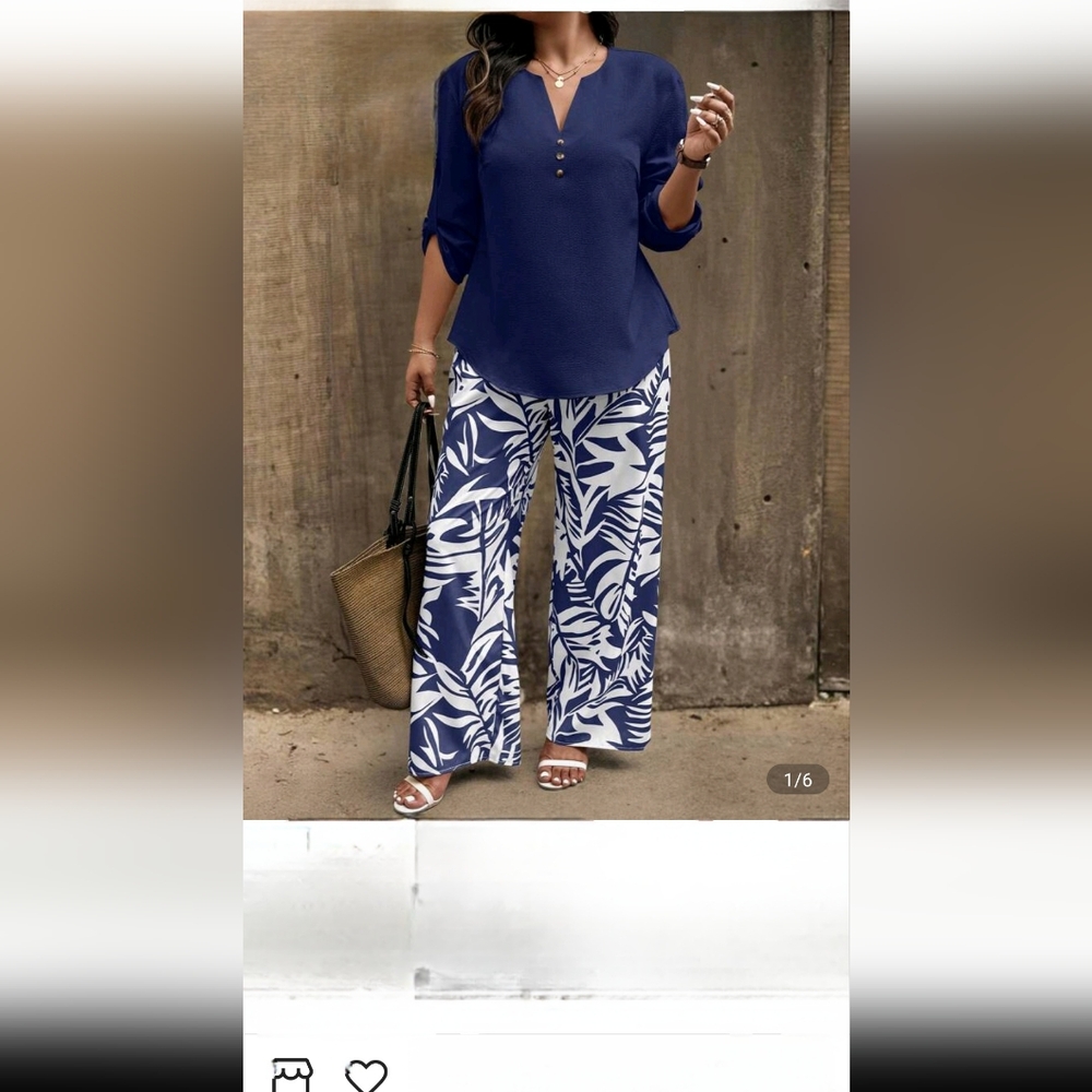 2 Piece Outfit! Navy and White Leaf Print Wide-Leg Pants & 3/4 Sleeve Navy Top